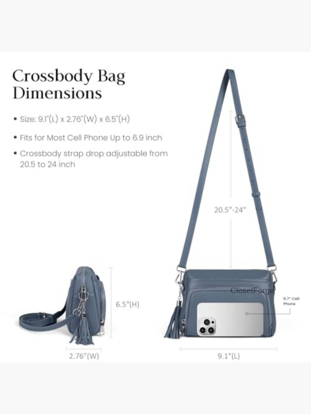 Genuine Leather Crossbody Bag with RFID Wallet, 9.1" - Picture 5 of 7